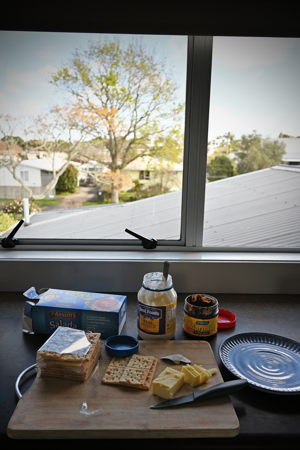 POV looking out the kitchen window; lunch stuff on the kitchen counter like crackers, mayo and marmite